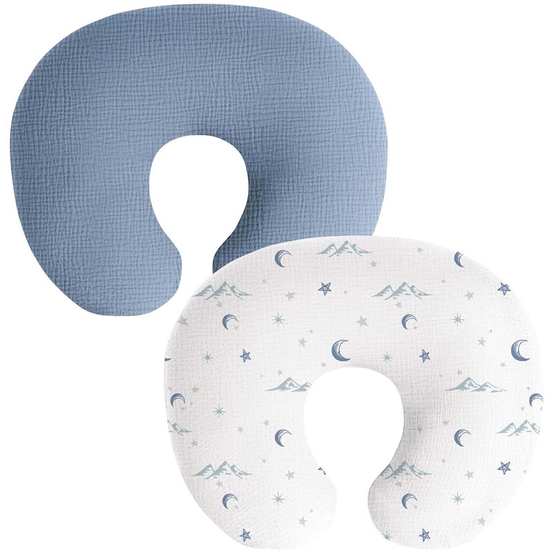Coreeky Muslin Nursing Pillow Covers, 2 Pack, Soft & Adorable Slipcovers with Zipper Closure, 100% Cotton Covers for Breastfeeding Pillows (Blue, Moons) - Image 1
